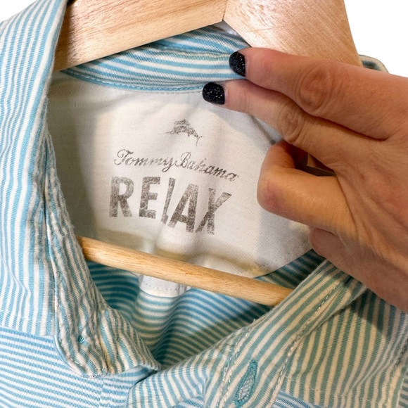 Tommy Bahama Relax Shirt Men Collared 1/4 Button Short Sleeve Striped Blue Large - Picture 12 of 14